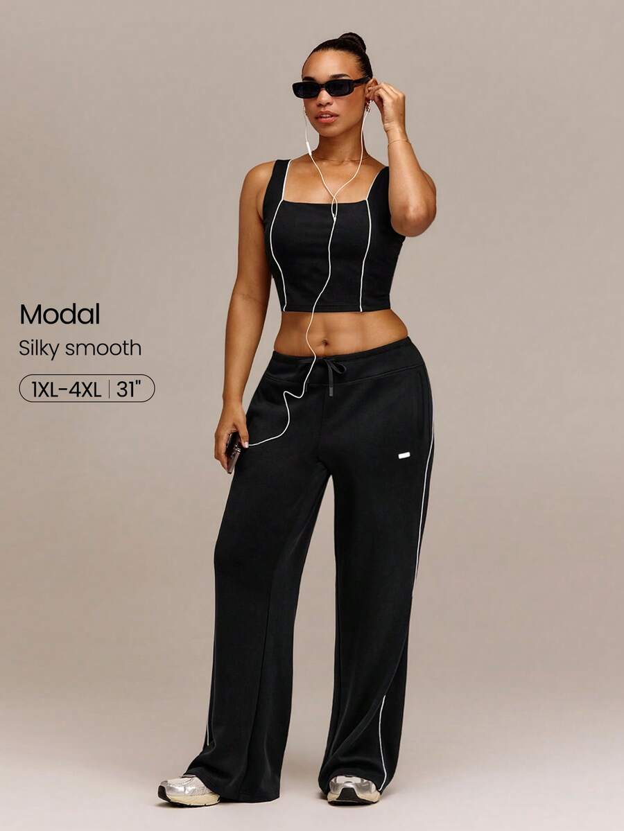 GLOWMODE 31" Plus Size SoftSerene Modal Lazy Lounge Silky-Smooth Relaxed Fit Contrast Color Sweatpants With Drawstring Waist & Side Pockets Daily Casual - Black - View 1