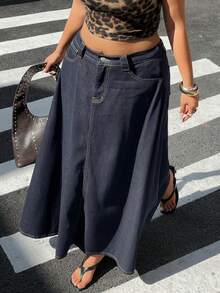 Dazy Plus Rok Denim Vintage Panjang Model A-Line Biru Tua Ukuran Plus untuk Wanita, Musim Semi, Musim Panas, dan Musim Gugur. - Dark Wash - View 1