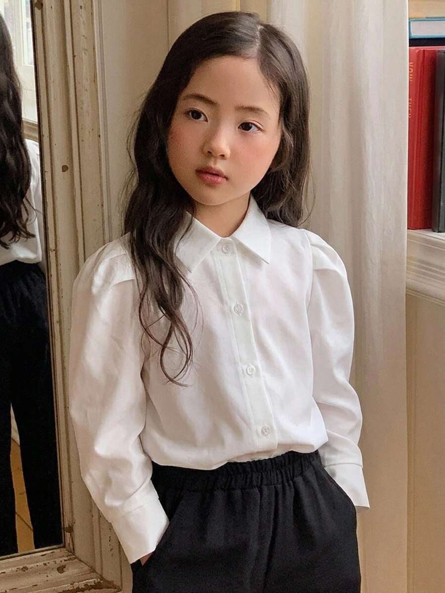 Hapijoa 少女休閒百搭純色花瓣袖夏季上衣 - 白色 - 查看 1