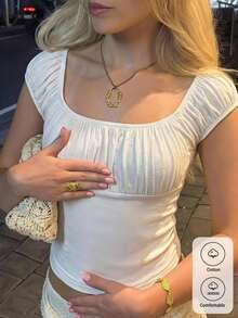 CovetEZ 白色休閒女款抓皺短袖修身T恤 - 白色 - 查看 2