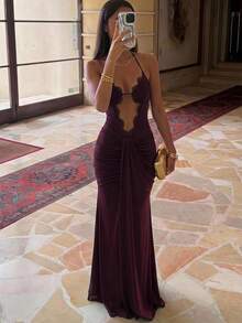 Aloruh Robe de soirée de fête élégante et sexy en patchwork de dentelle violet foncé extra longue - Prune - Voir 5