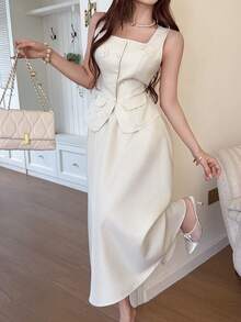 Feyla 女款 3D 花卉裝飾單排扣背心與裙子優雅兩件套 - 淡黃色 - 查看 4