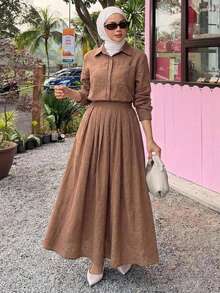 DAZY Spring/Summer Women's Casual Style Shirt & A-Line Skirt 2 Pieces Set - Brown - View 9