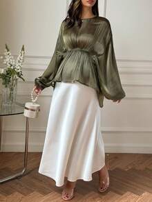 DAZY Chiffon Blouse Solid Color Shawl Design Asymmetrical Hem Elegant Commute Ruffle Waist Long Sleeve Maternity Top - Olive Green - View 5
