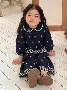 DAZY 女童圓領刺繡無袖上衣與寬鬆長褲度假風兩件套 - 藍色 - 查看 4