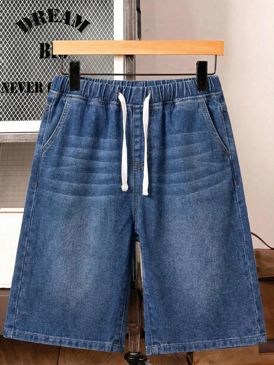 SHEIN شورت جينز فضفاض كاجوال بخصر برباط وجيوب للأولاد المراهقين - أزرق داكن - مشاهدة 1