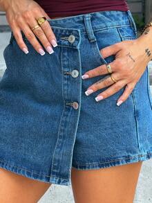 SAYEHFBABY Women's Summer Casual Front Button Wrap Denim Skorts - Dark Wash - View 5