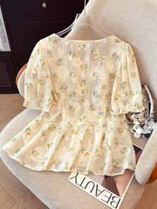 GlowEve CURVE Plus Size Embroidered Ditsy Floral Summer Vacation Carnival Party Casual Blouse Shirt - Apricot - View 2