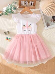 SHEIN Glamorique Kids 小女童獨角獸印花網紗拼接連衣裙 - 彩色 - 查看 1
