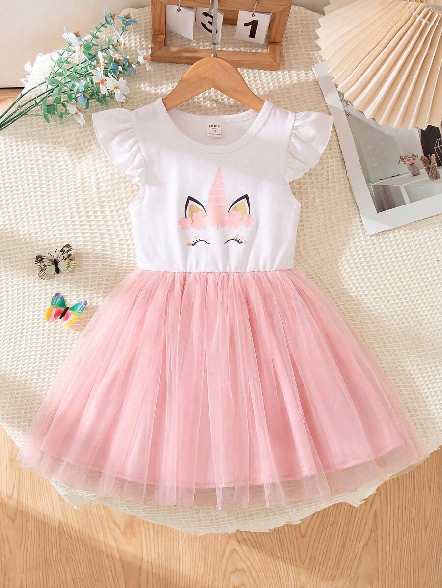 SHEIN Glamorique Kids 小女童獨角獸印花網紗拼接連衣裙 - 彩色 - 查看 1