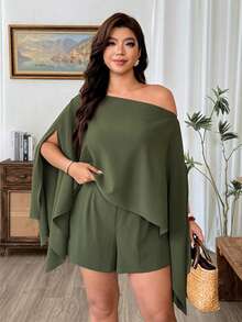Weeklong Plus Size Women's Asymmetrical Design Top + Shorts 2 Pieces Set - Army Green - View 5