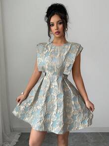 SHEIN Elenzya 优雅浪漫度假通勤派对提花浅绿色浅金色珍珠纽扣无袖女士迷你连衣裙 - 綠色 - 查看 4