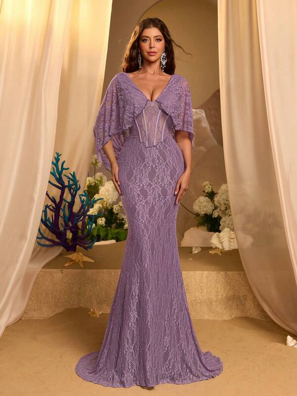 Glamrae Elegant Luxury Elastic French Lace Off-Shoulder V-Neck Special Water Sleeve Flutter Waist Ruched Design Sheer Fishbone Bodycon Mermaid Flare Evening Gown, Banquet Dress, Formal Dress, Guest Party Dress, Cape Sleeve Dress, Long Gown