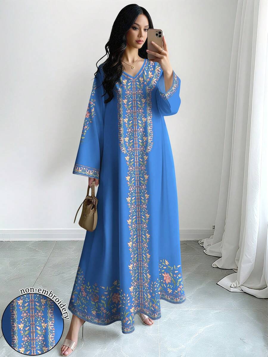 SHEIN Najma 花卉植物印花深紅色女款時尚V領長袖洋裝,優雅阿拉伯風春夏季長版大碼洋裝 - 彩色 - 查看 1