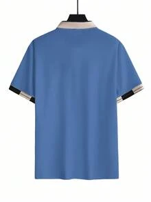 Calvornis 男士珠飾刺繡羅紋領短袖休閒 Polo 衫 - 藍色 - 查看 3