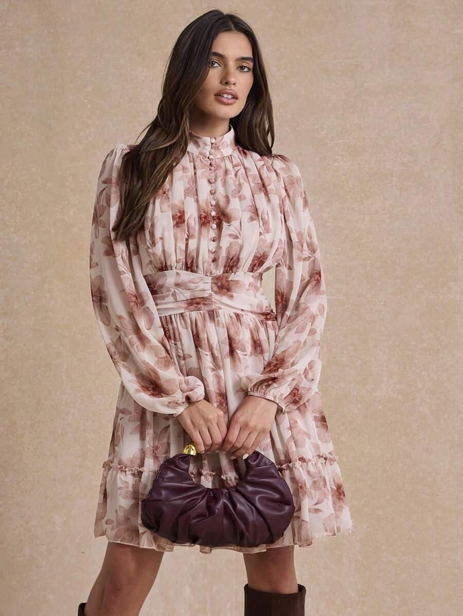 Enchnt 高級秋季浪漫女款優雅粉色與棕色花卉印花燈籠袖洋裝,適合返校、工作、茶會、早午餐、旅行、休閒 - 彩色 - 查看 1