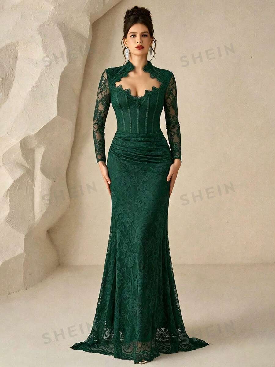 Coutiva 女款蕾絲長款正式晚禮服(精緻設計) - 墨綠色 - 查看 1