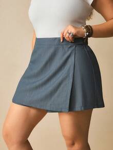 Freevana Falda-pantalón cruzada de cintura alta con panel asimétrico de falda falsa, short versátil para uso diario - Azul Marino - Ver 5