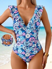 Swim Vcay 女款夏季度假海灘碎花荷葉邊繫帶連身泳衣套裝 - 藍色 - 查看 3