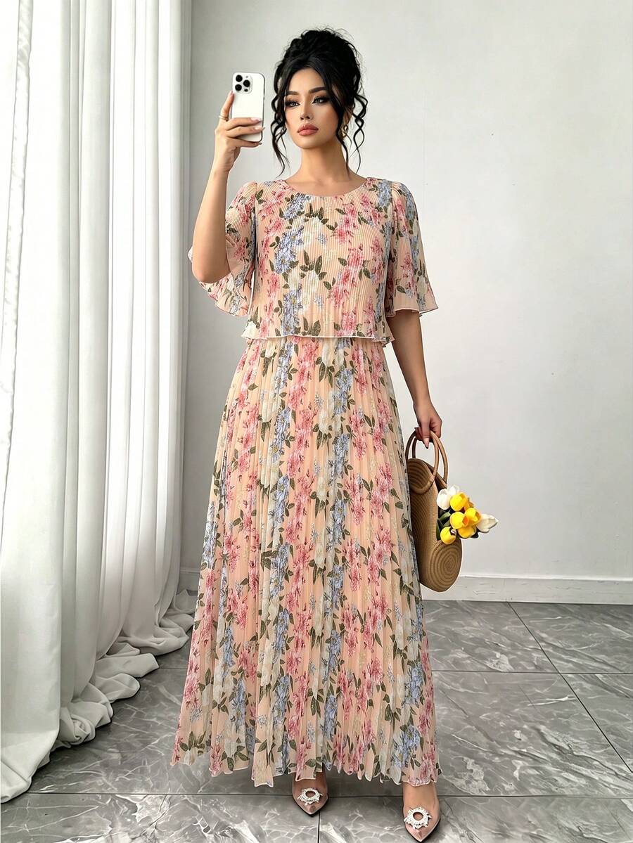 Elenzga Plus Size French Elegant Elegant Lady Chiffon Printed Pleated Dress Spring Summer - Coral Pink - View 1