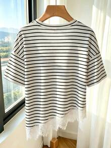 Franclia New Spring/Summer Round Neck Short Sleeve Lace Hem Black And White Striped T-Shirt Travel Casual French - Multicolor - View 2