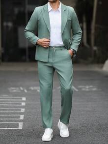 Manfinity Mode Men's Business Casual Commute Jacket & Pants Suit Set - Green - View 1