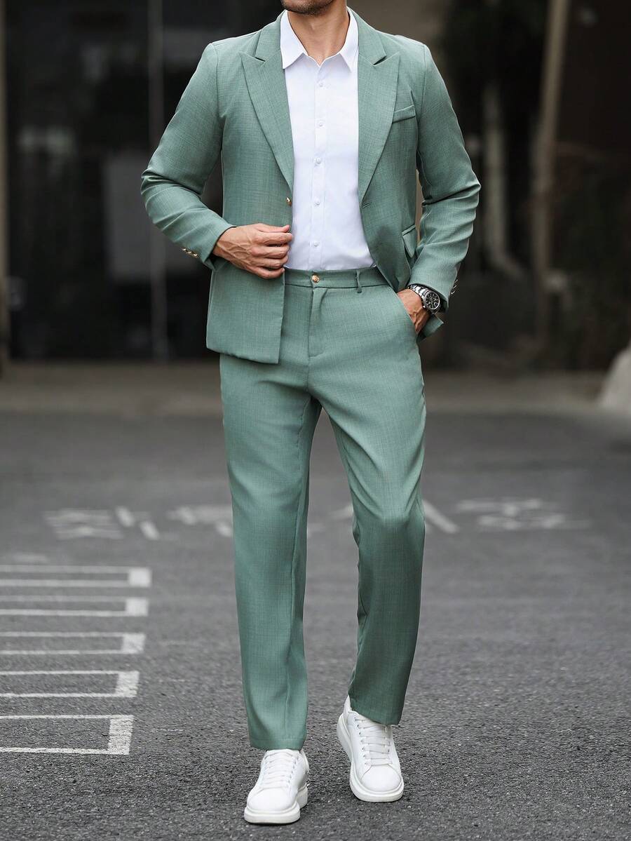 Manfinity Mode Men's Business Casual Commute Jacket & Pants Suit Set - Green - View 1