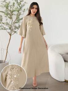Al Najma Women's Elegant Arabian Dress With 3D Floral Decor And Raglan 3/4 Sleeves - Khaki - View 1