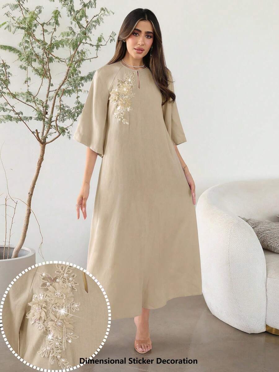 Al Najma Women's Elegant Arabian Dress With 3D Floral Decor And Raglan 3/4 Sleeves - Khaki - View 1
