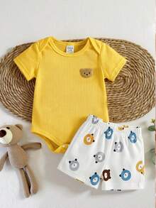 SHEIN Playful Pals Baby Boy Spring/Summer Fresh Cute Fun Yellow Romper With White Pants Set - Yellow - View 4