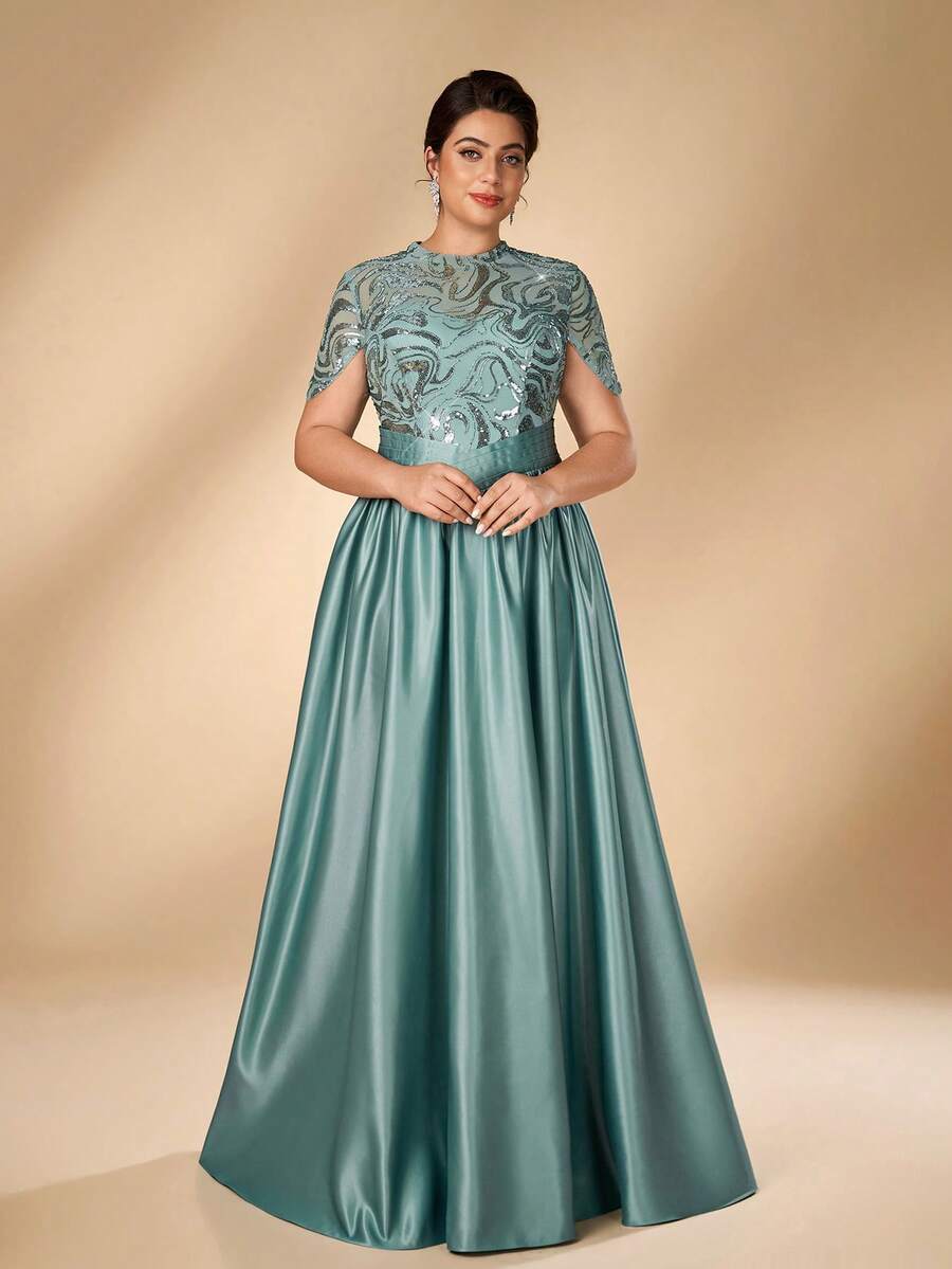 Serin Plus Size Elegant Luxurious Gray Green Elastic Sequin Patchwork Satin Round Neck Short Sleeve Mid-Waist Pleated A-Line Long Dress For Wedding Formal - Green - View 1