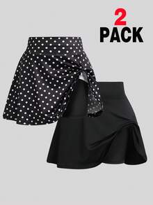 SHEIN 2件組女童裙子，波點與純色設計，防走光安全裙，百搭貼身A字裙，校園與日常穿著必備 - 黑色 - 查看 1