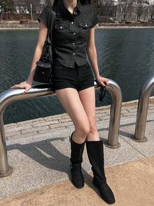 DAZY 女款短袖單排扣休閒口袋牛仔襯衫 夏季 - 黑色 - 查看 7