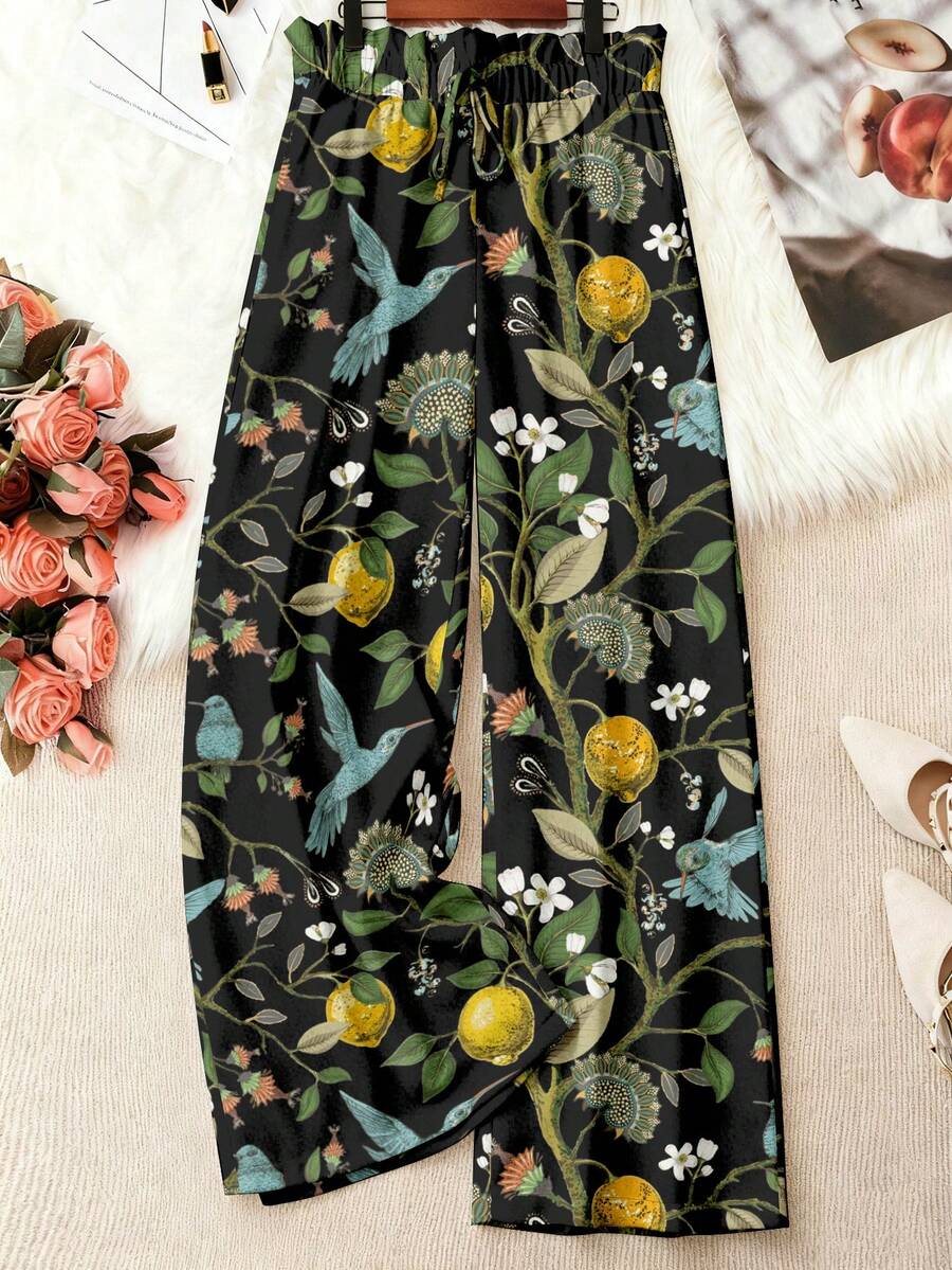 EMERY ROSE 2026春夏新款波希米亞風大尺碼女裝長褲 - 白色檸檬蜂鳥植物印花高腰寬腿梭織長褲,大尺碼長褲 - 彩色 - 查看 1