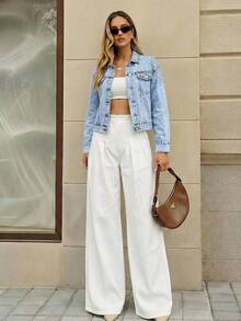 Selenza Studded Detail Flap Pocket Denim Jacket - Light Wash - View 7