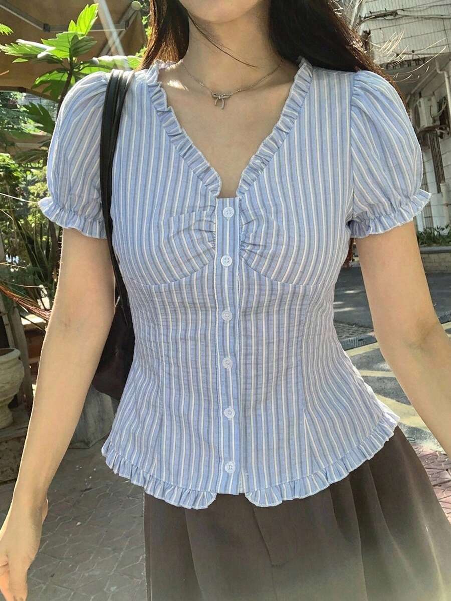 DAZY 女款荷葉邊條紋無袖上衣,清新甜美夏季風格 - 淺藍色 - 查看 1