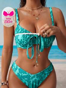 Swim DD+ 女款夏季度假海灘全印花細肩帶前綁帶聚攏比基尼套裝 - 綠色 - 查看 5