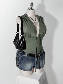 SHEIN ICON 大尺碼 Y2K 軍綠色連帽無袖收腰口袋背心，深 V 領連帽上衣 - 軍綠色 - 查看 1
