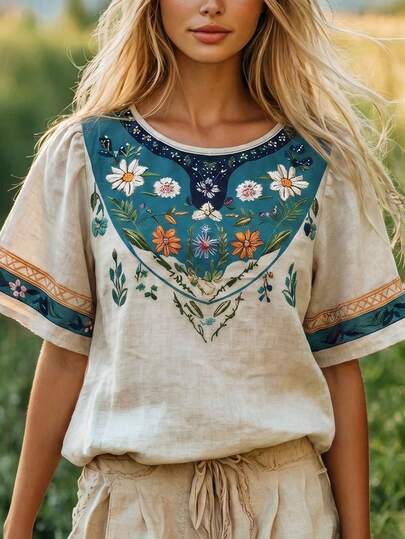 Linhara CURVE Plus Size New Embroidered Printed Pattern Linen-Like Fabric Round Neck Short Sleeve Women's Blouse