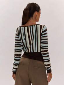 SHEIN BAE Autumn/Winter Fashion New Colorblock Versatile Casual Unisex Vacation Slouchy Cinched Waist Wrap V-Neck Striped Knit Top - Multicolor - View 2