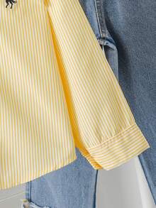 SHEIN Elladie kids 女童新款黃色條紋馬術圖案布料長袖休閒襯衫，適合日常休閒、優雅、度假、時尚、通勤與旅行穿搭 - 黃色 - 查看 5