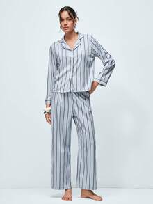 Softvol 2件套女士宽松舒适透气条纹长袖上衣和裤子家居服套装，舒适保暖，秋冬服装 - 灰色 - 查看 4