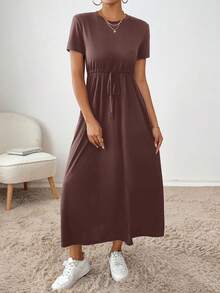 SHEIN Essnce 1 件女士纯色系带连衣裙，简约时尚休闲日常穿着 - 紫紅色 - 查看 4