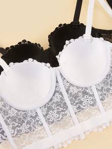 Bralution 2pcs Solid Color Lace Underwire Molded Cup Daily Romantic Elegant Sexy Women's Bra - Multicolor - View 9