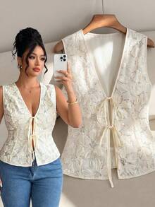 GlowEve CURVE Plus Size Floral Sequin Embroidered Mesh Fabric Patchwork Solid Color Fabric V-Neck Sleeveless Cinched Waist A-Line Multi-Layer Tie Front Structure Blouse Elegant Casual Commute Date Party Holiday Blouse - Apricot - View 1
