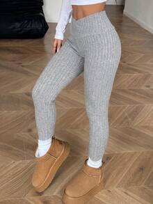 SHEIN Tall CURVE Leggings de cintura ancha con superposición sólida, ropa de primavera talla grande - Gris - Ver 3