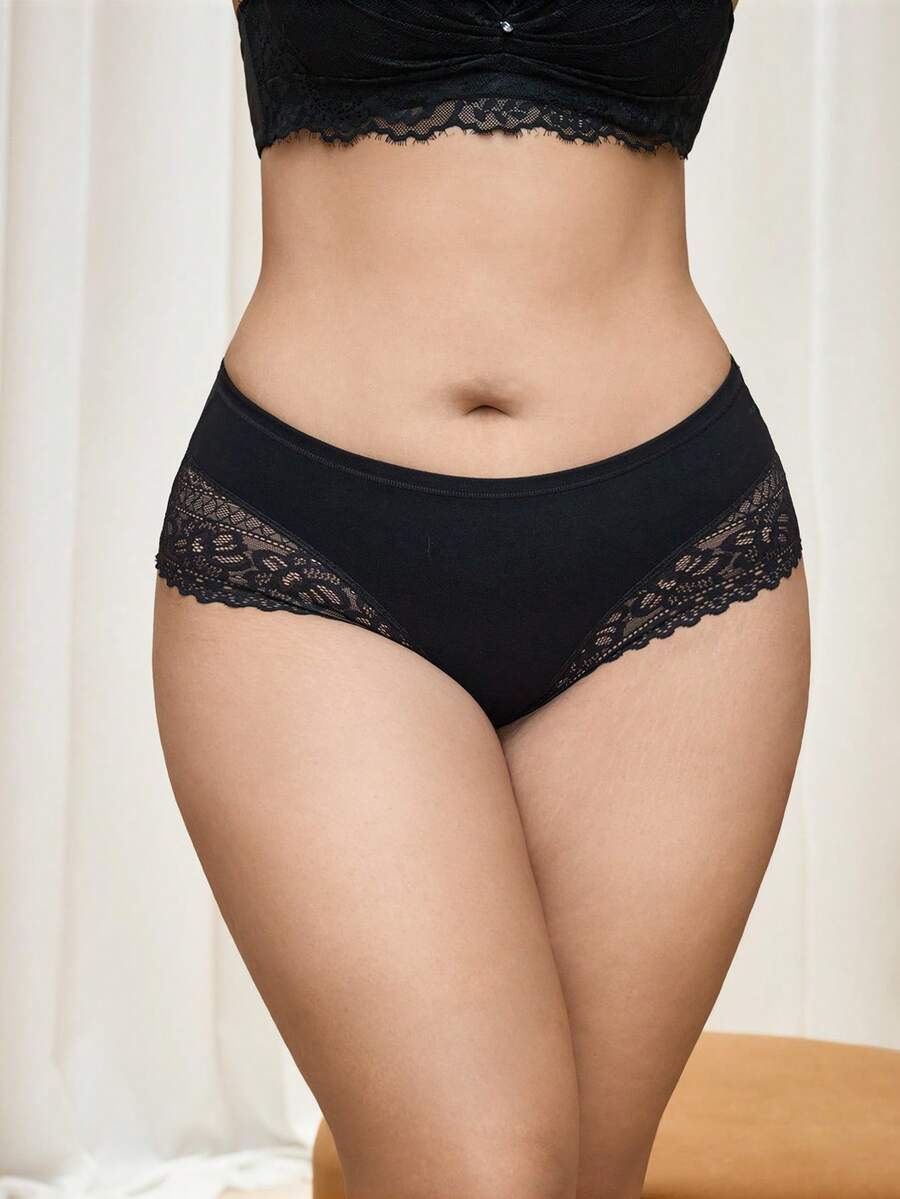 Bralution Plus Size Black Plain Contrast Lace High Waisted Panties With Medium Stretch Fabric For Women - Black - View 1