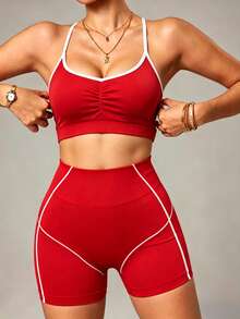 Slayform Women's Colorblock Pleated Cropped Camisole And Shorts Sports Set - Red - View 4