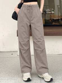 DAZY Drawstring Waist & Slant Pocket Design Pants - Brown - View 5