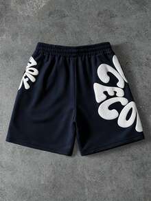 PAVTROS Pantalones cortos casuales y versátiles con estampado de letras y cordón en la cintura para hombres - Azul Marino - Ver 2